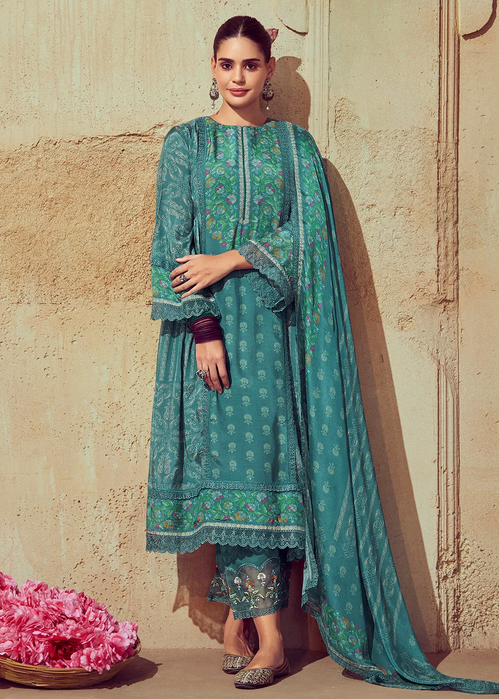 Digital Printed & Embroidered Rama Green Muslin Salwar Suit