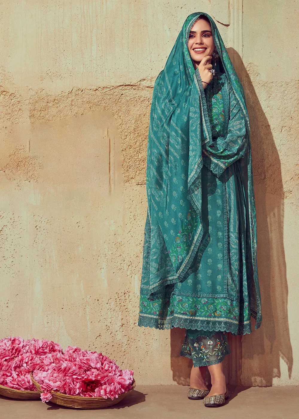 Digital Printed & Embroidered Rama Green Muslin Salwar Suit