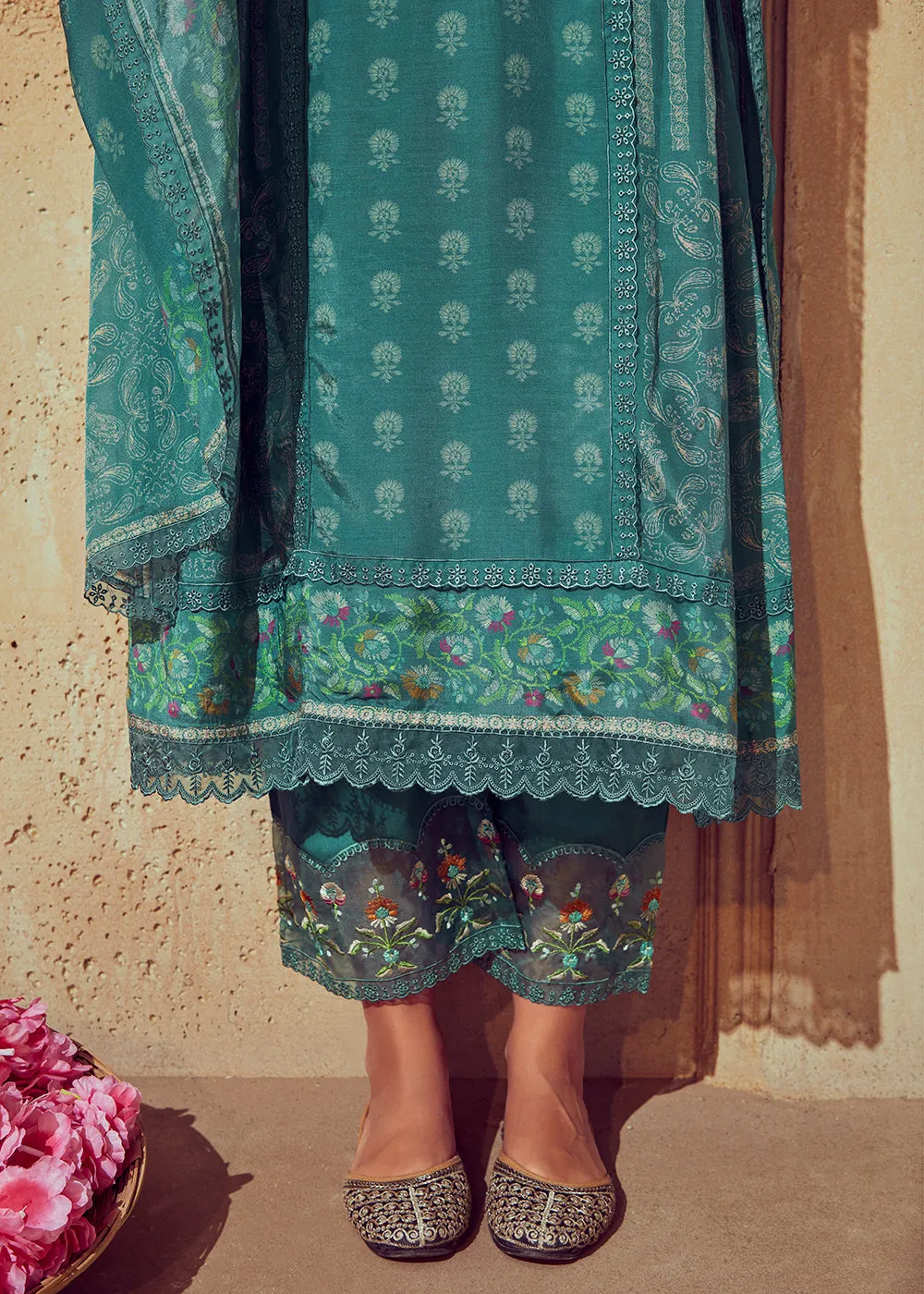 Digital Printed & Embroidered Rama Green Muslin Salwar Suit