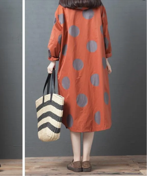 Dotted Spring Women Casual Coat Loose Hooded Parka Plus Size Slit Coat Jacket