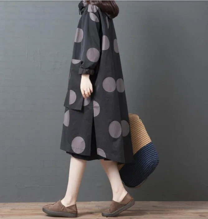 Dotted Spring Women Casual Coat Loose Hooded Parka Plus Size Slit Coat Jacket