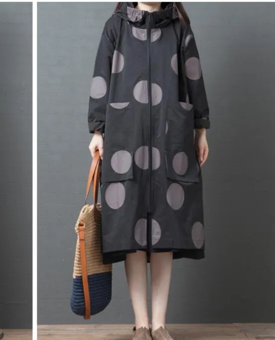 Dotted Spring Women Casual Coat Loose Hooded Parka Plus Size Slit Coat Jacket