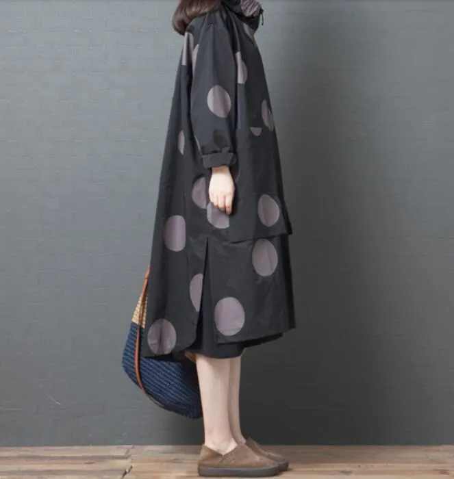 Dotted Spring Women Casual Coat Loose Hooded Parka Plus Size Slit Coat Jacket