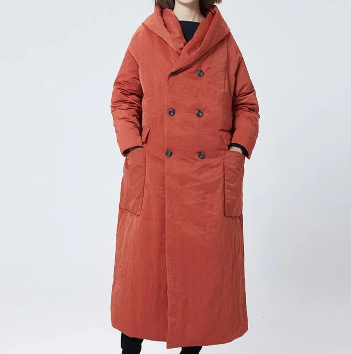 Double Breast Long Puffer Coat, Winter Duck Down Coat Jacket, Light Weight Hooded Down Jacket 7756