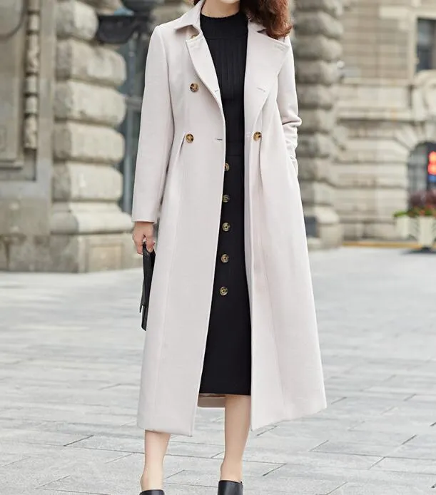 Double Breast Wool Coat, Handmade Long Warm Women Wool Coat Jacket Waist Belt/7755