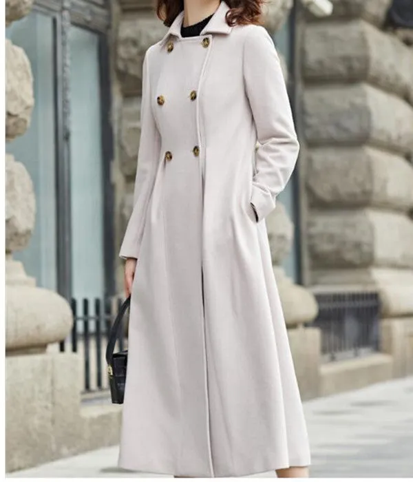 Double Breast Wool Coat, Handmade Long Warm Women Wool Coat Jacket Waist Belt/7755