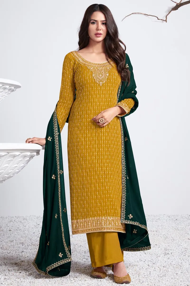 Embroidered Turmeric Yellow Georgette Palazzo Suit