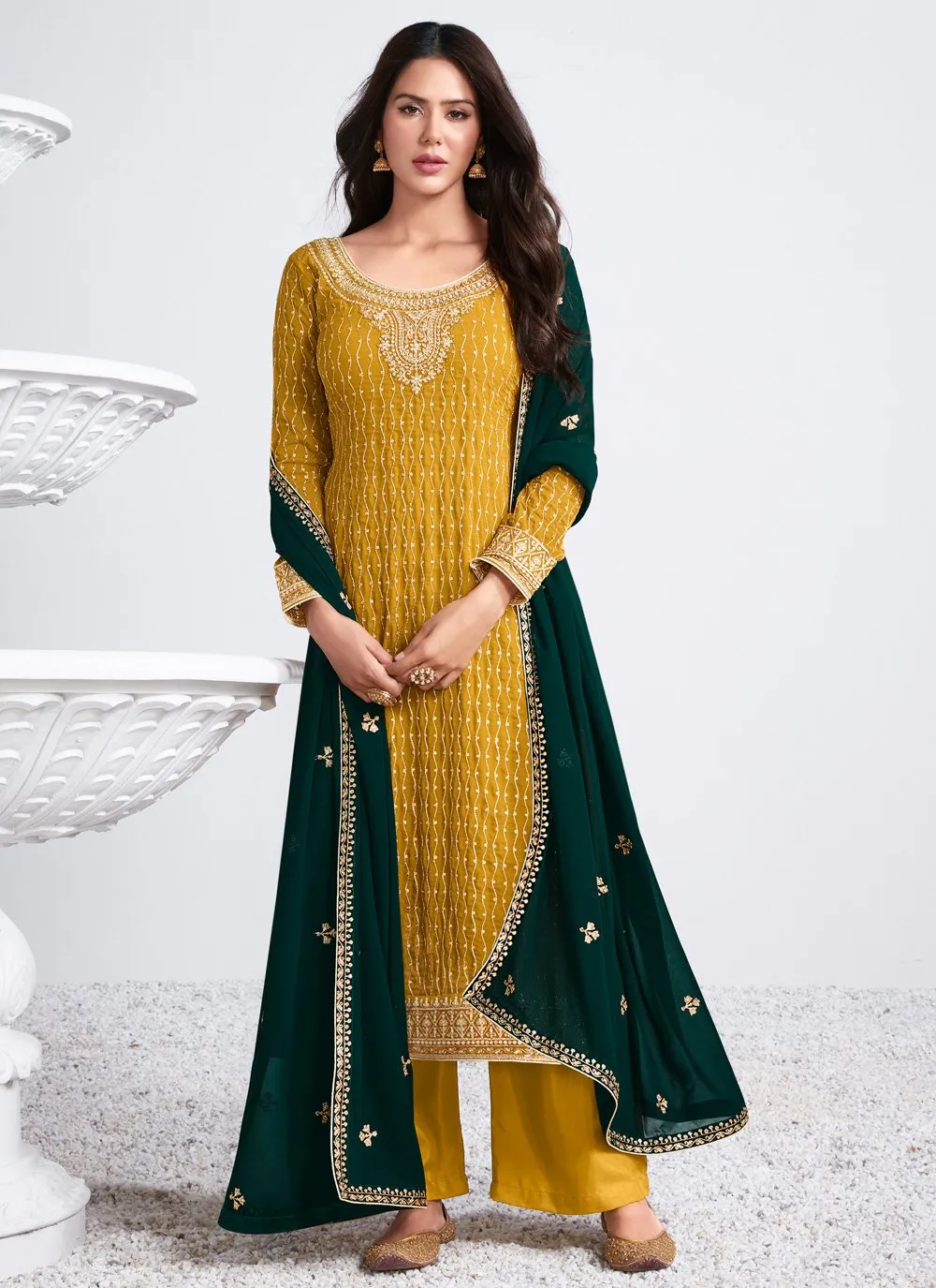 Embroidered Turmeric Yellow Georgette Palazzo Suit