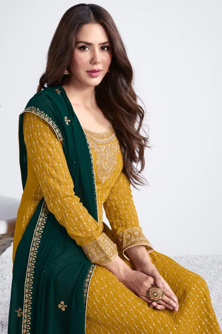 Embroidered Turmeric Yellow Georgette Palazzo Suit