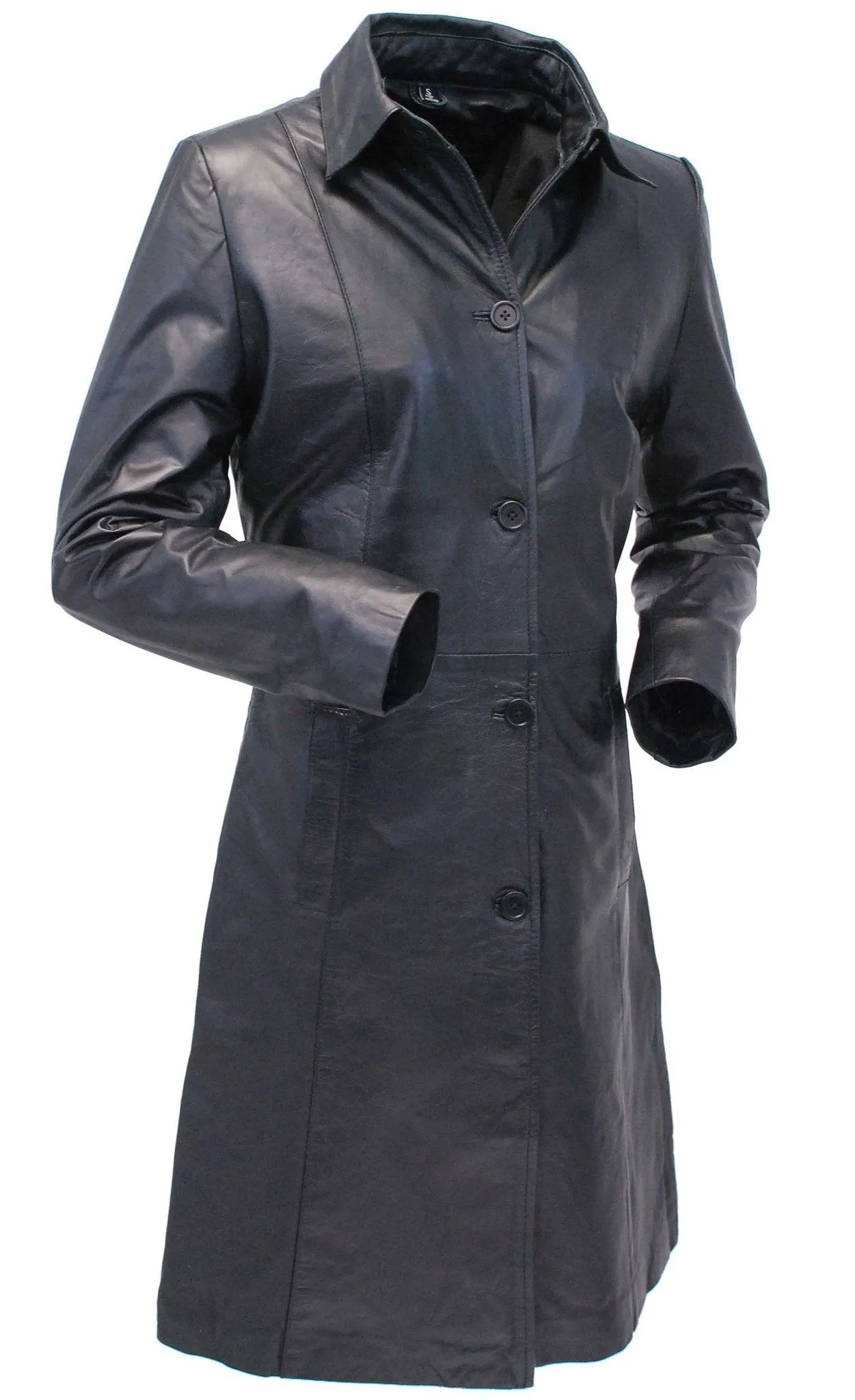 Extra Long Button Down Lambskin Leather Coat for Women #L1401398ZK