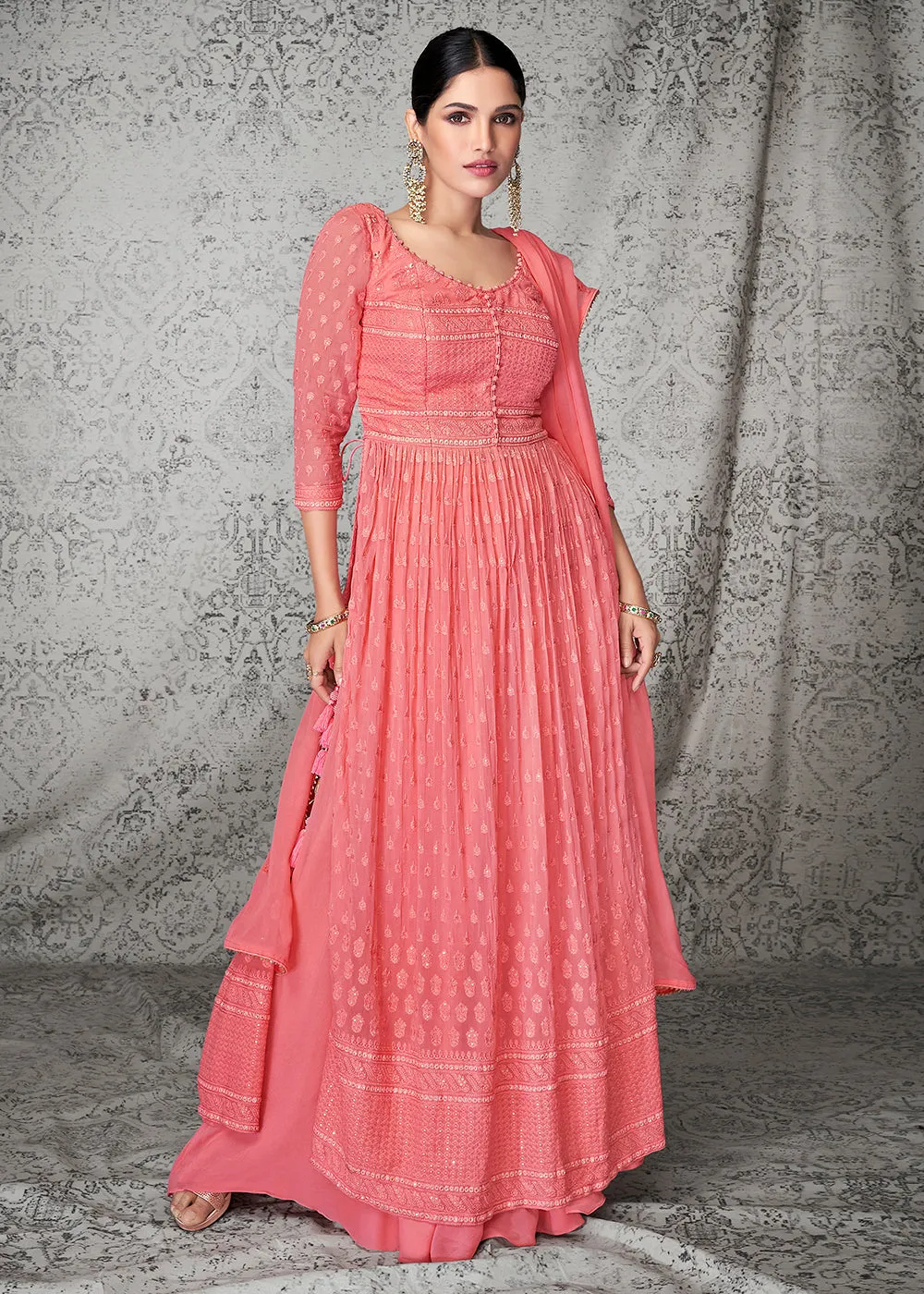 Fabulous Peach Georgette Wedding & Festival Palazzo Suit