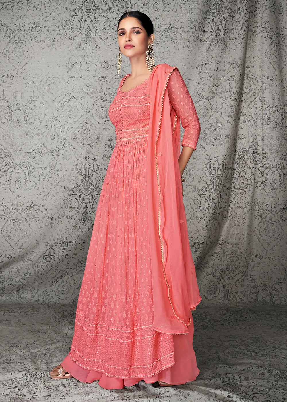 Fabulous Peach Georgette Wedding & Festival Palazzo Suit