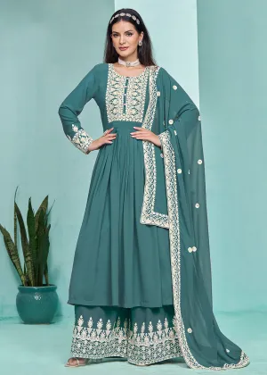 Festive Teal Faux Georgette Palazzo Style Suit