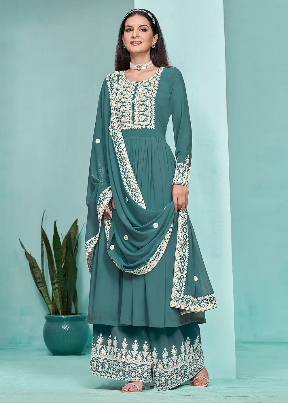 Festive Teal Faux Georgette Palazzo Style Suit