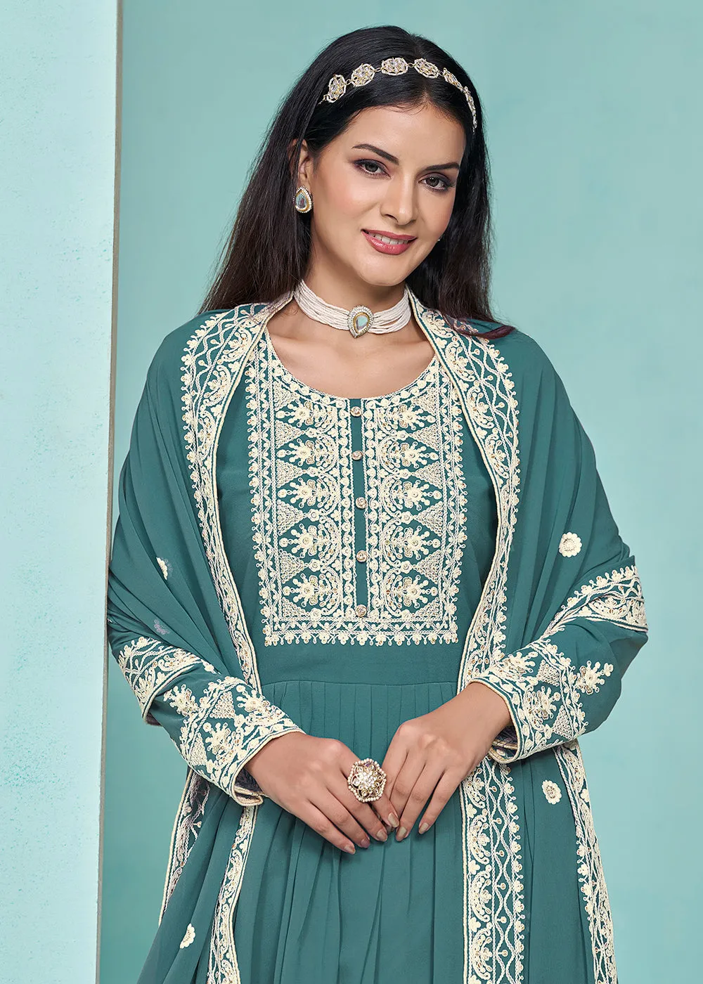 Festive Teal Faux Georgette Palazzo Style Suit