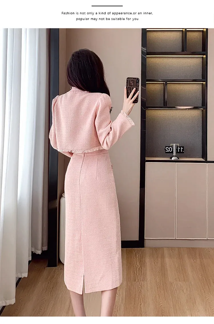 French Elegant Women Pink 2 Pieces Set 2023 Autumn Tassel Long Sleeve Coat A-line Chic Midi Skirt Spring Y2k Lady Dress Suits