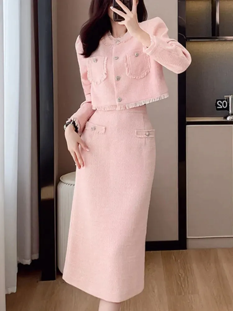 French Elegant Women Pink 2 Pieces Set 2023 Autumn Tassel Long Sleeve Coat A-line Chic Midi Skirt Spring Y2k Lady Dress Suits