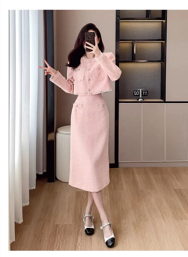 French Elegant Women Pink 2 Pieces Set 2023 Autumn Tassel Long Sleeve Coat A-line Chic Midi Skirt Spring Y2k Lady Dress Suits