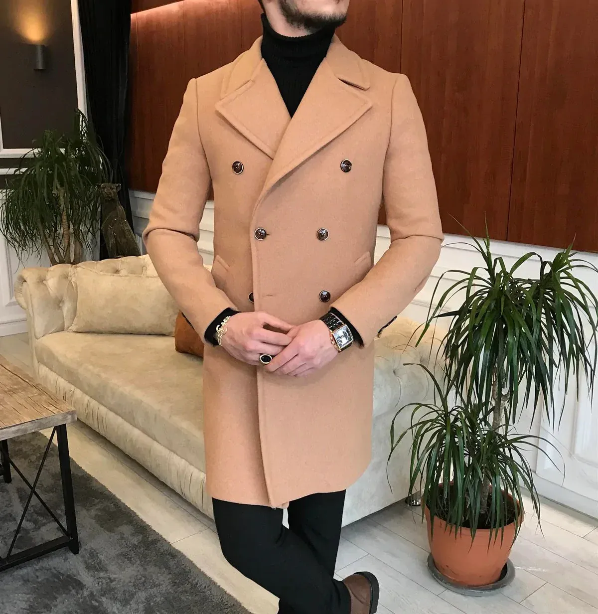 Frost Slim Fit Camel Double Breasted Wool Coat