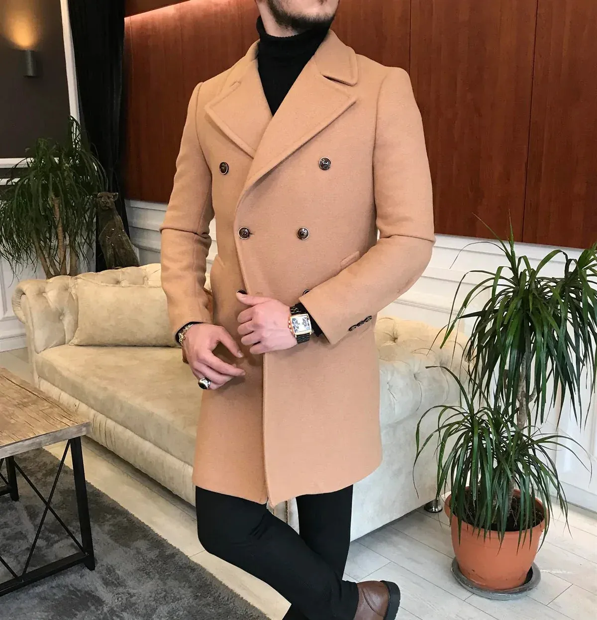 Frost Slim Fit Camel Double Breasted Wool Coat