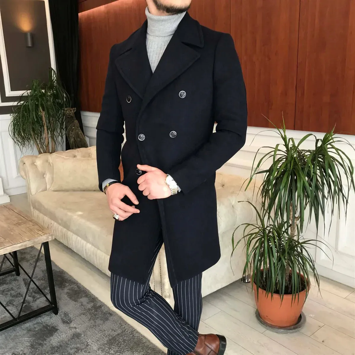 Frost Slim Fit Dark Blue Double Breasted Wool Coat