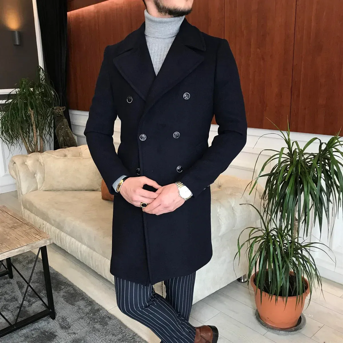 Frost Slim Fit Dark Blue Double Breasted Wool Coat