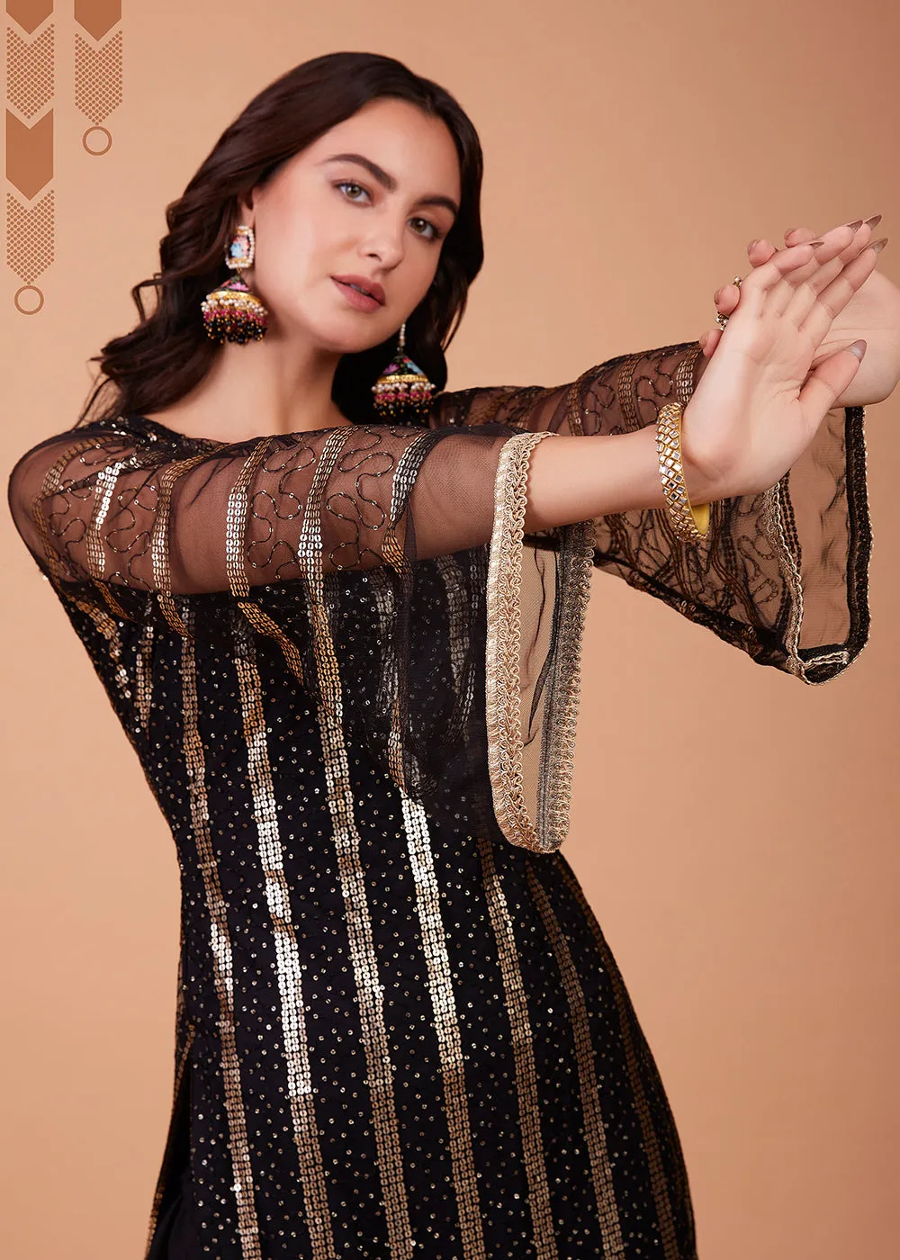 Glamorous Black Tone to Tone Thread Net Salwar Kameez