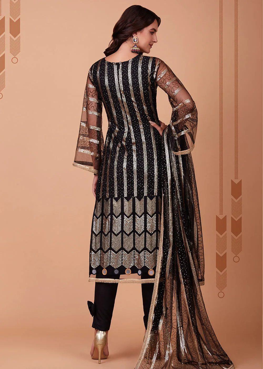 Glamorous Black Tone to Tone Thread Net Salwar Kameez