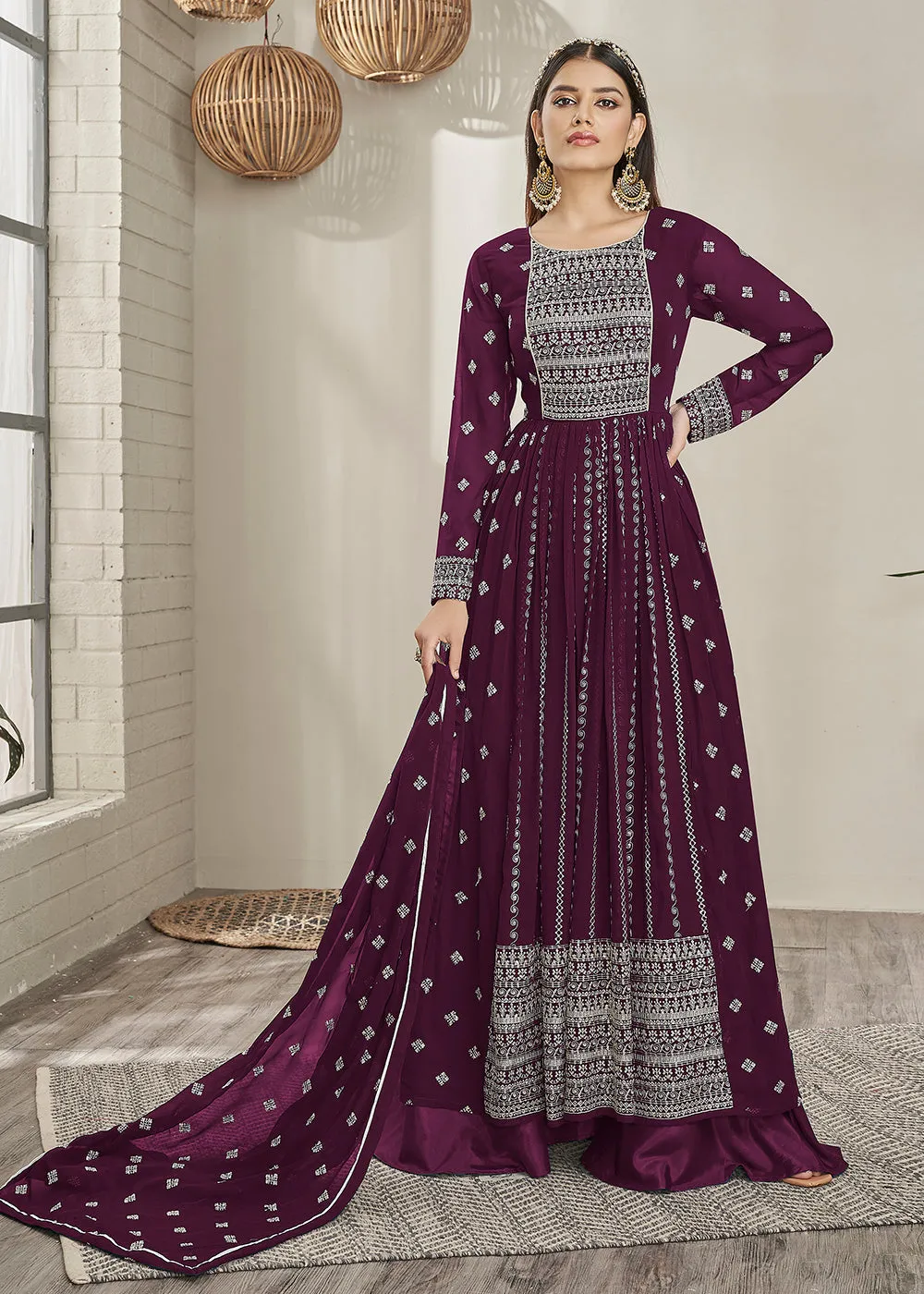 Glamourous Party Style Violet Long Top Style Palazzo Suit