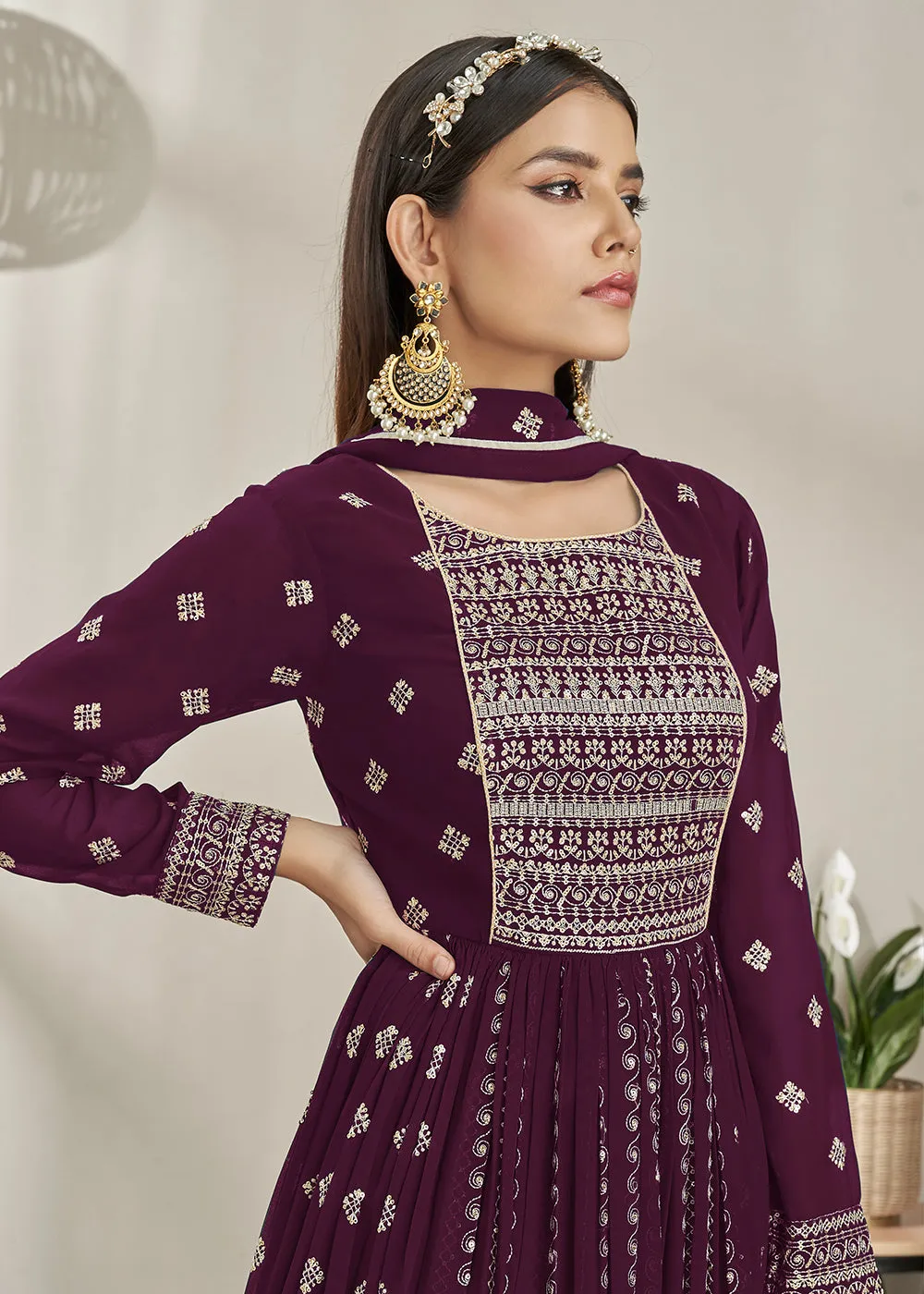 Glamourous Party Style Violet Long Top Style Palazzo Suit