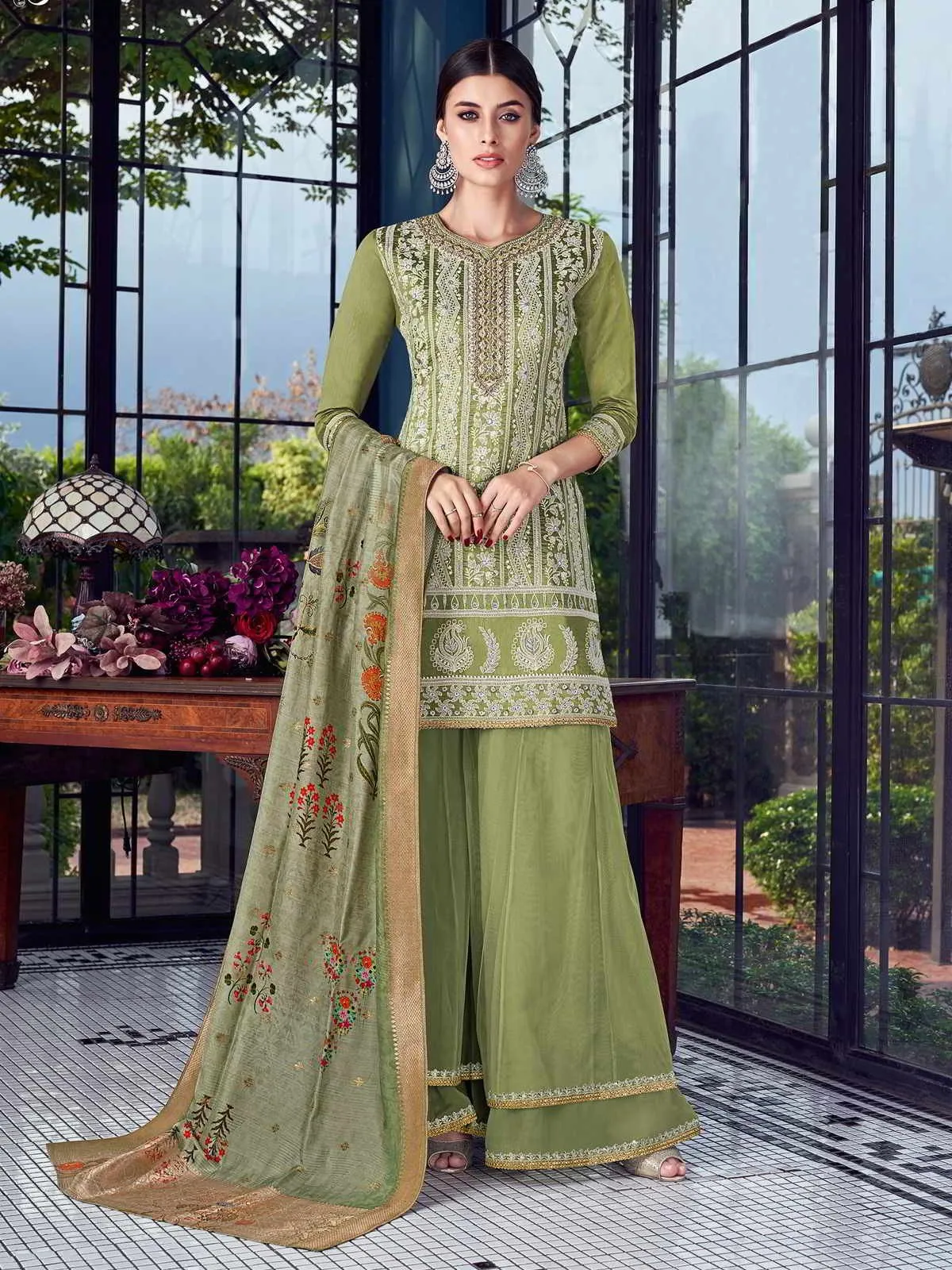 Graceful Green Lucknowi Embroidered Pakistani Style Palazzo Suit