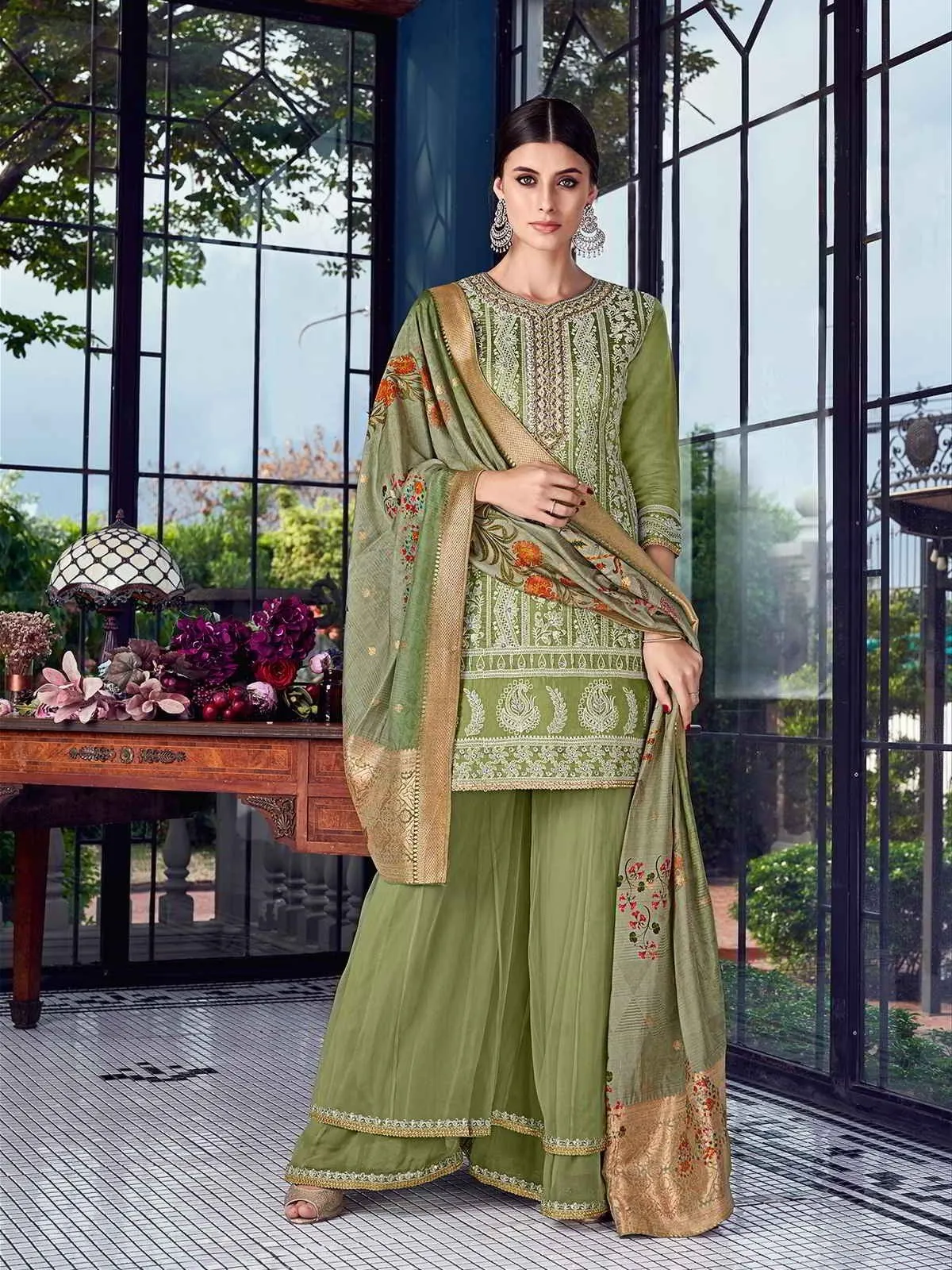 Graceful Green Lucknowi Embroidered Pakistani Style Palazzo Suit