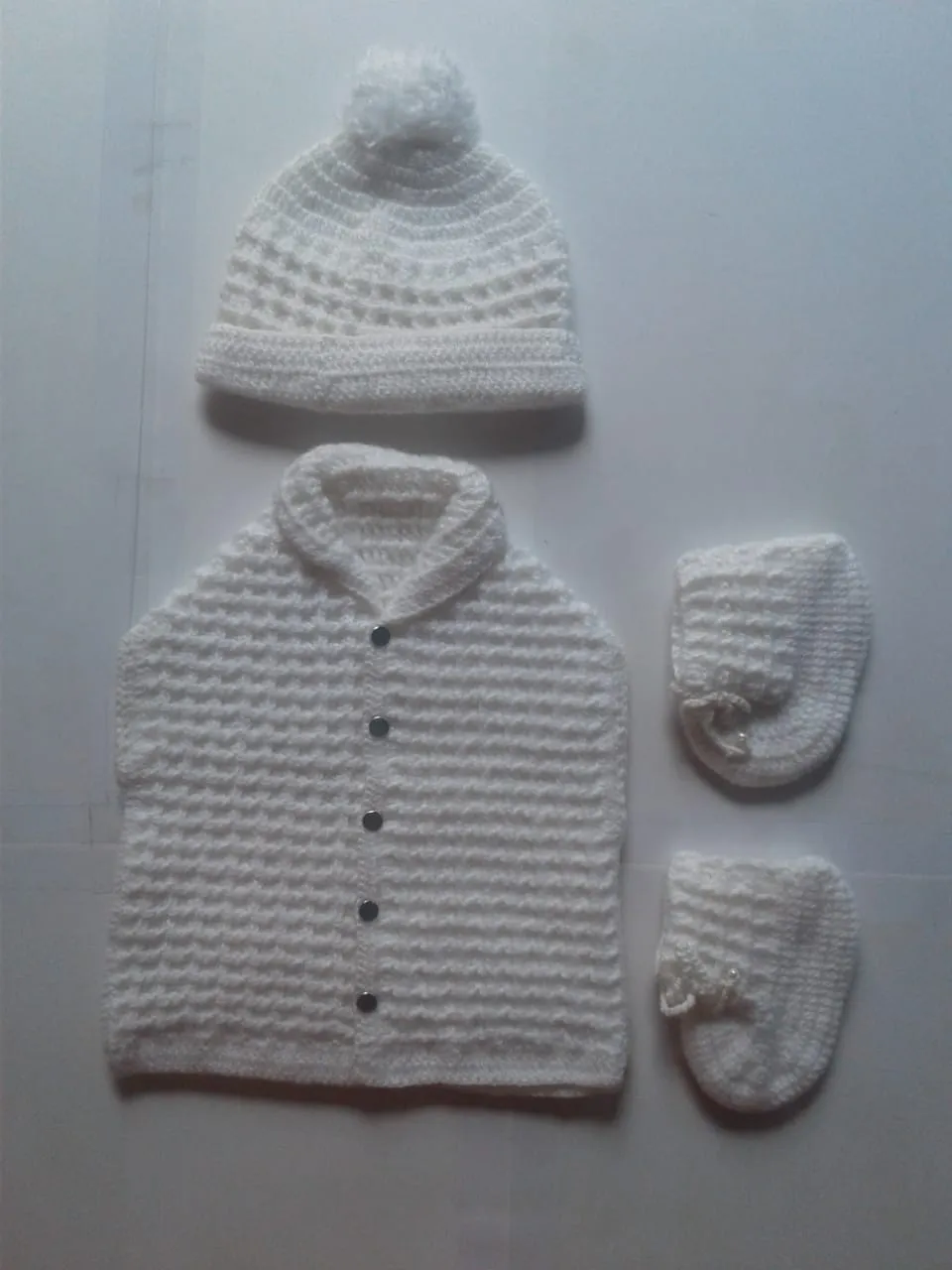 Graminarts Handmade Woolen Crochet Shawl Collar Half Cardigan For New Born Baby Boys- White