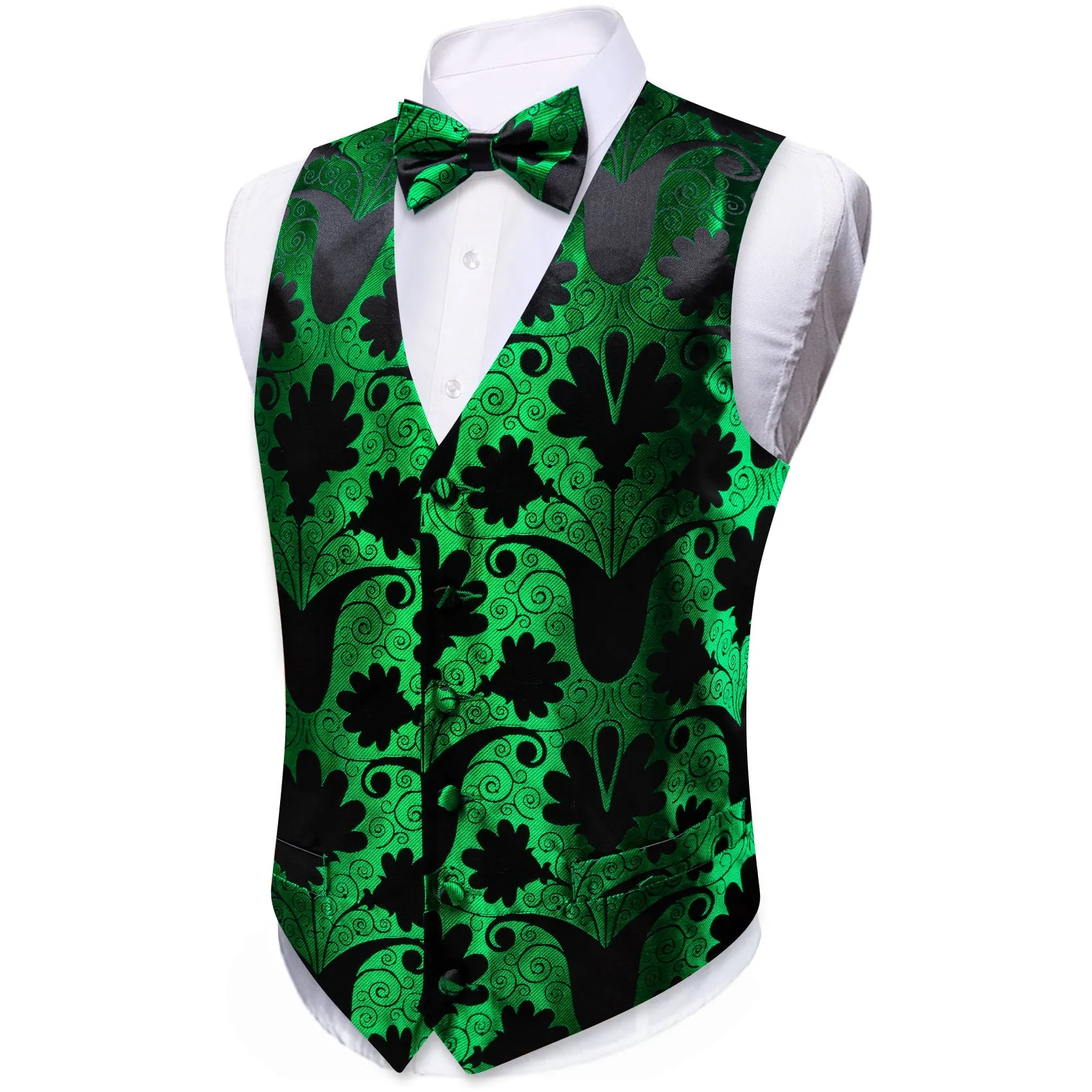 Green Black Floral Leaf Silk Men's Vest Bow Tie Handkerchief Cufflinks Set