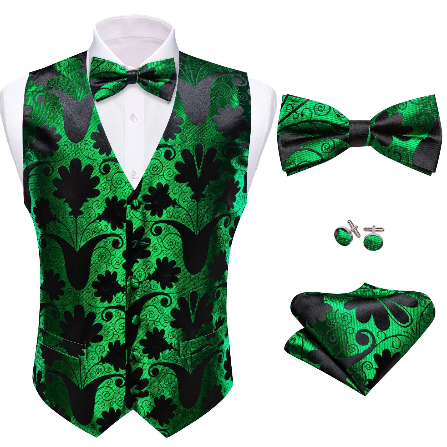 Green Black Floral Leaf Silk Men's Vest Bow Tie Handkerchief Cufflinks Set