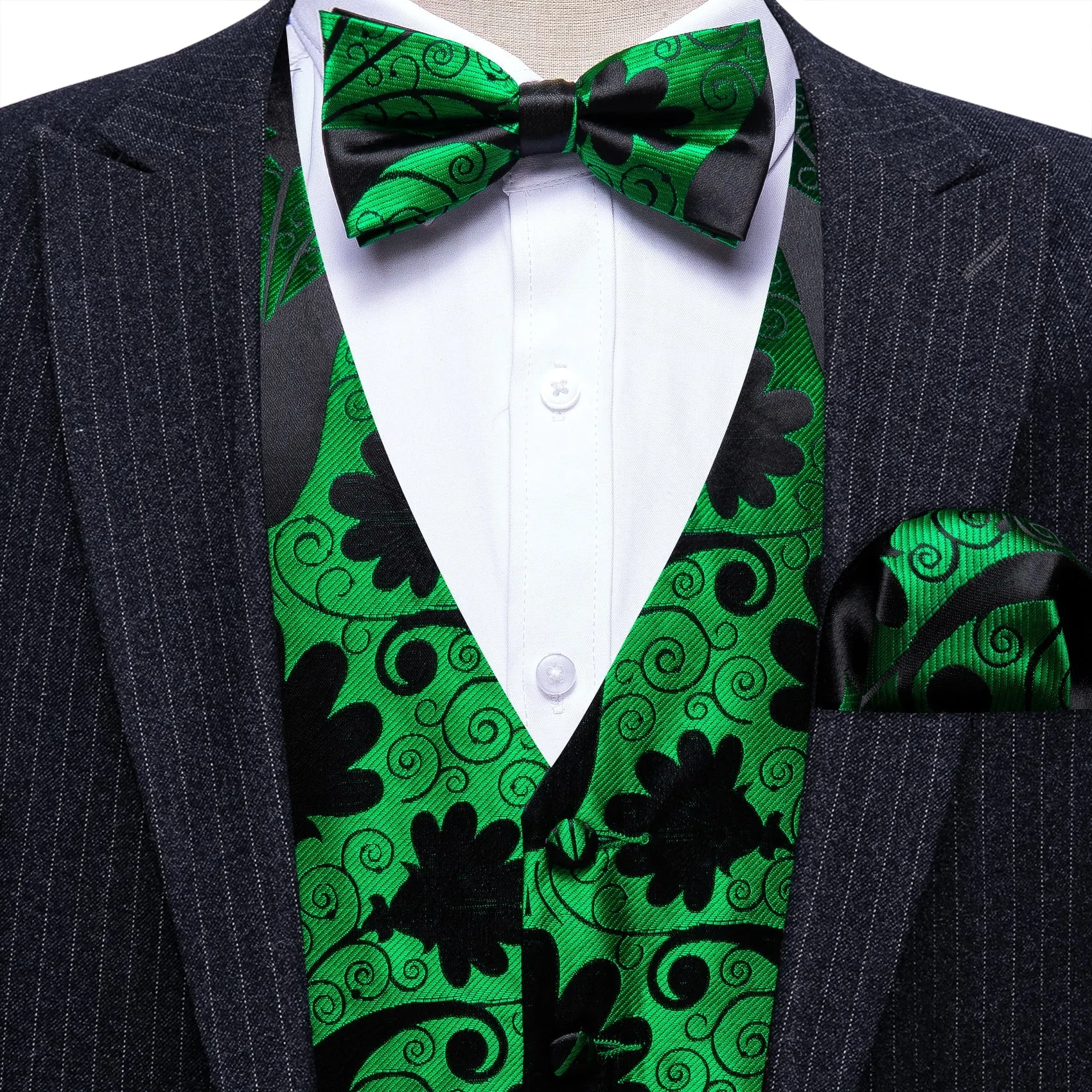 Green Black Floral Leaf Silk Men's Vest Bow Tie Handkerchief Cufflinks Set