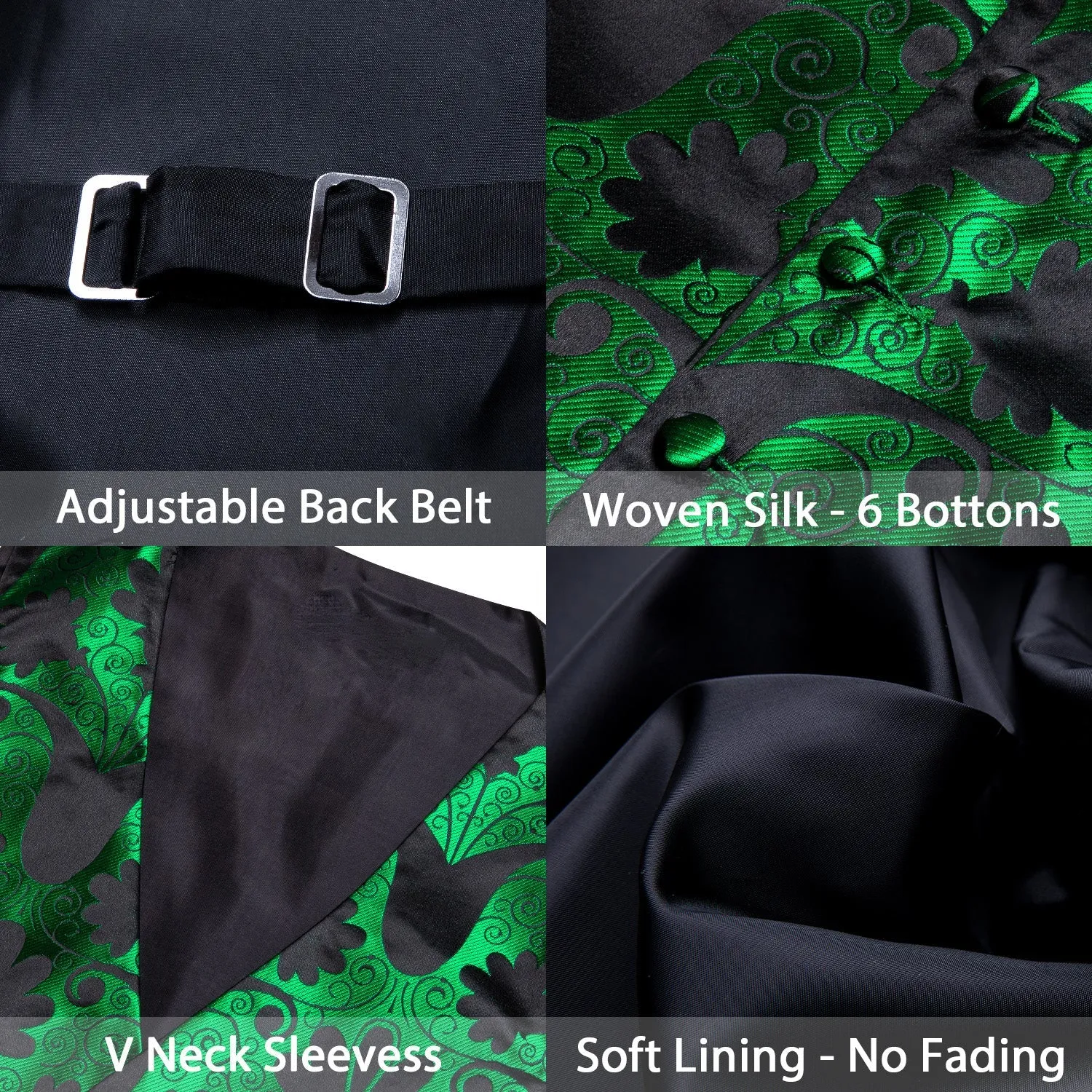 Green Black Floral Leaf Silk Men's Vest Bow Tie Handkerchief Cufflinks Set