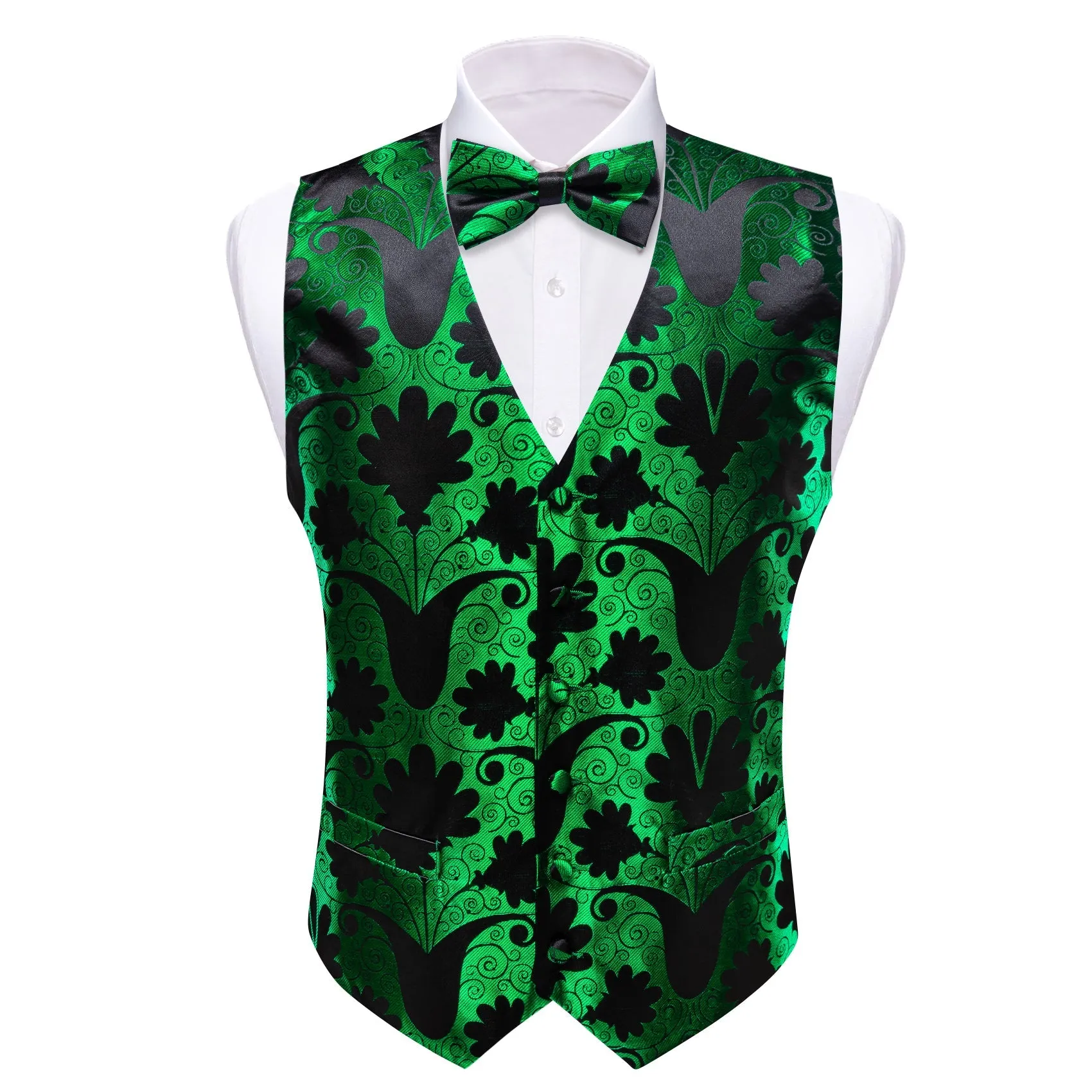 Green Black Floral Leaf Silk Men's Vest Bow Tie Handkerchief Cufflinks Set