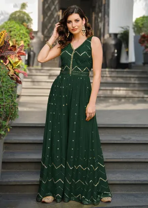 Green Indo-Western Embroidered Chinon Jumpsuit