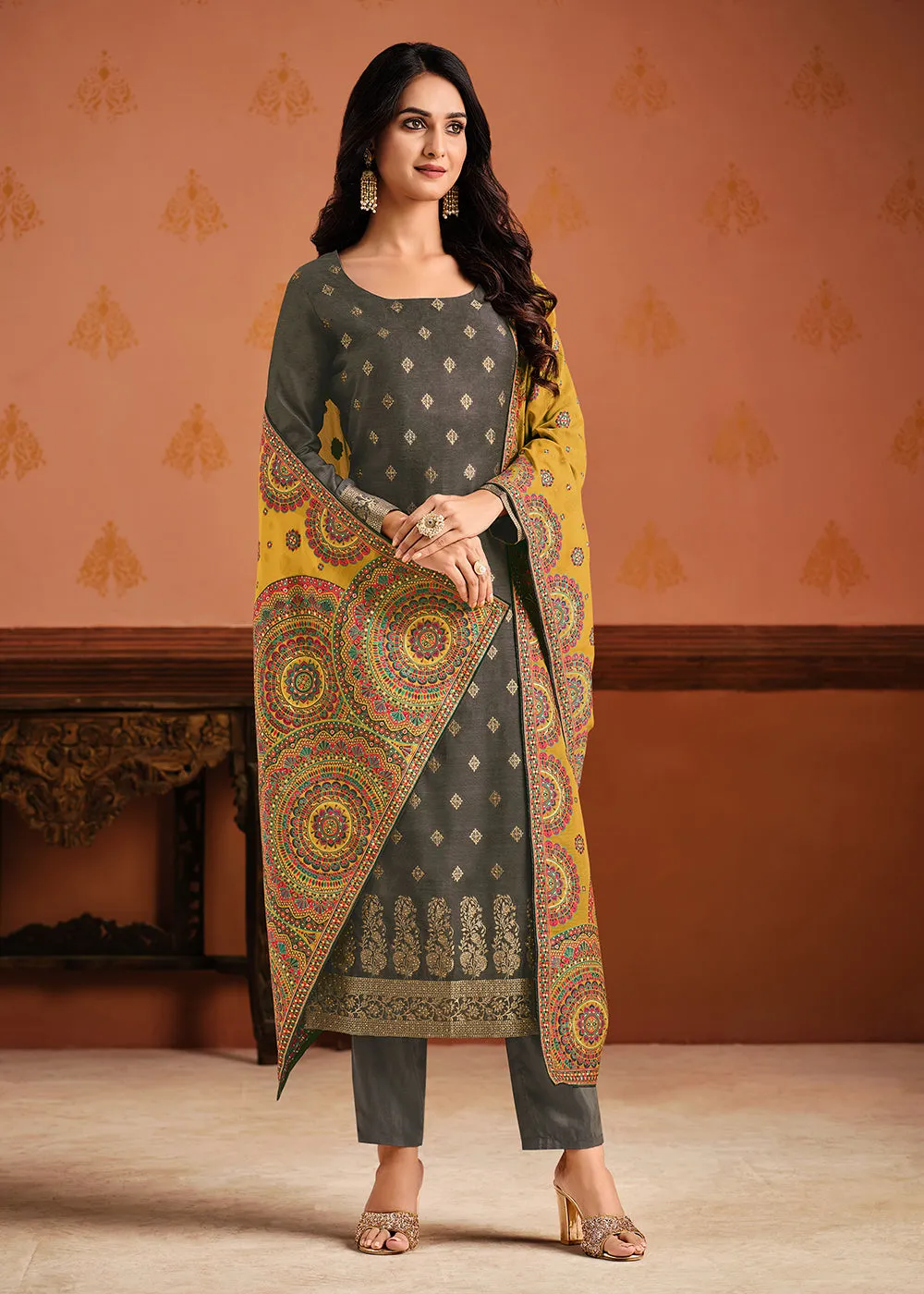 Grey & Yellow Silk Jacquard Sangeet Wear Pant Style Suit