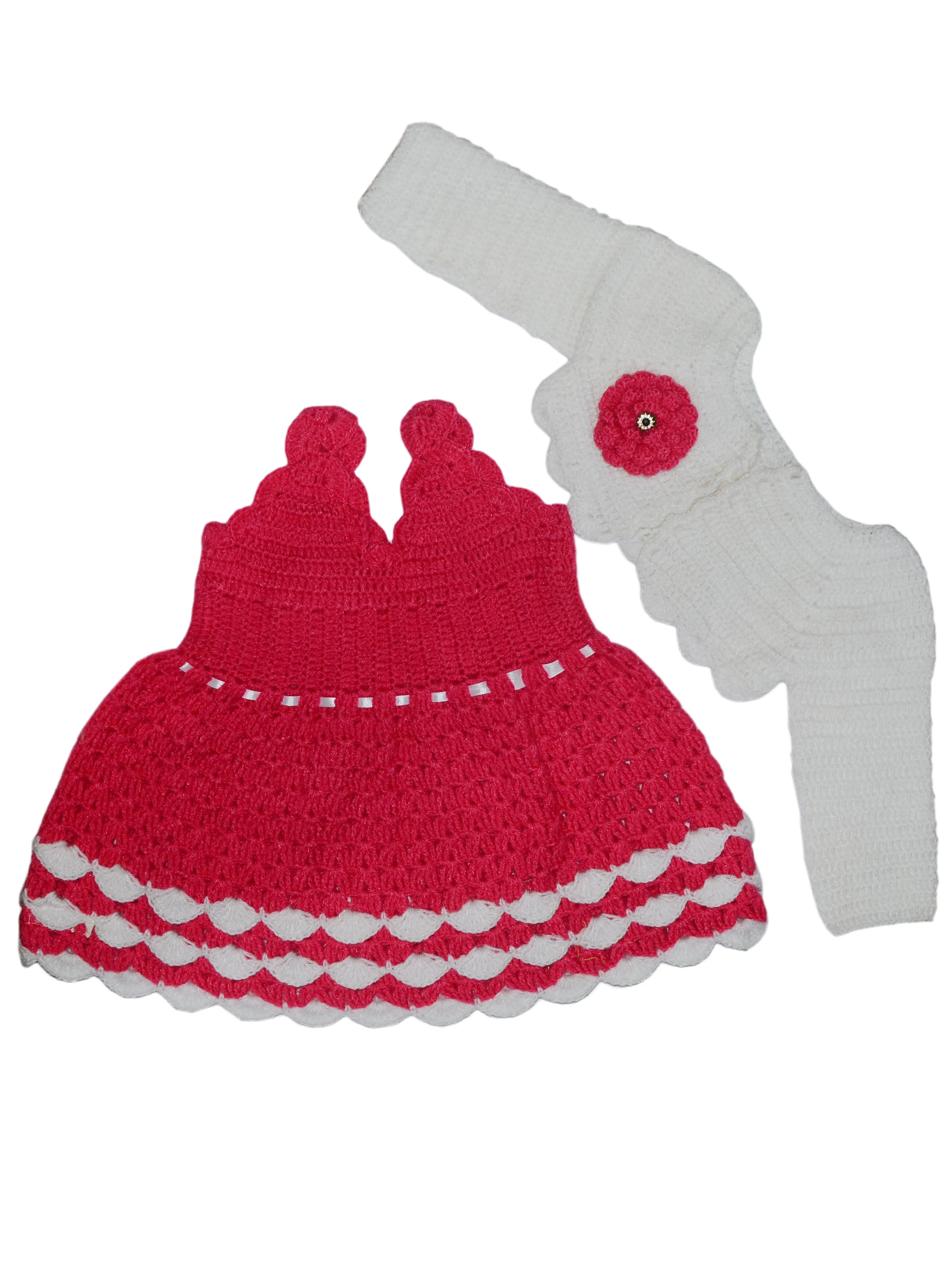 Handmade Woolen New Latest Design Frock With Short Cardigan For Little One - Violet Red & White