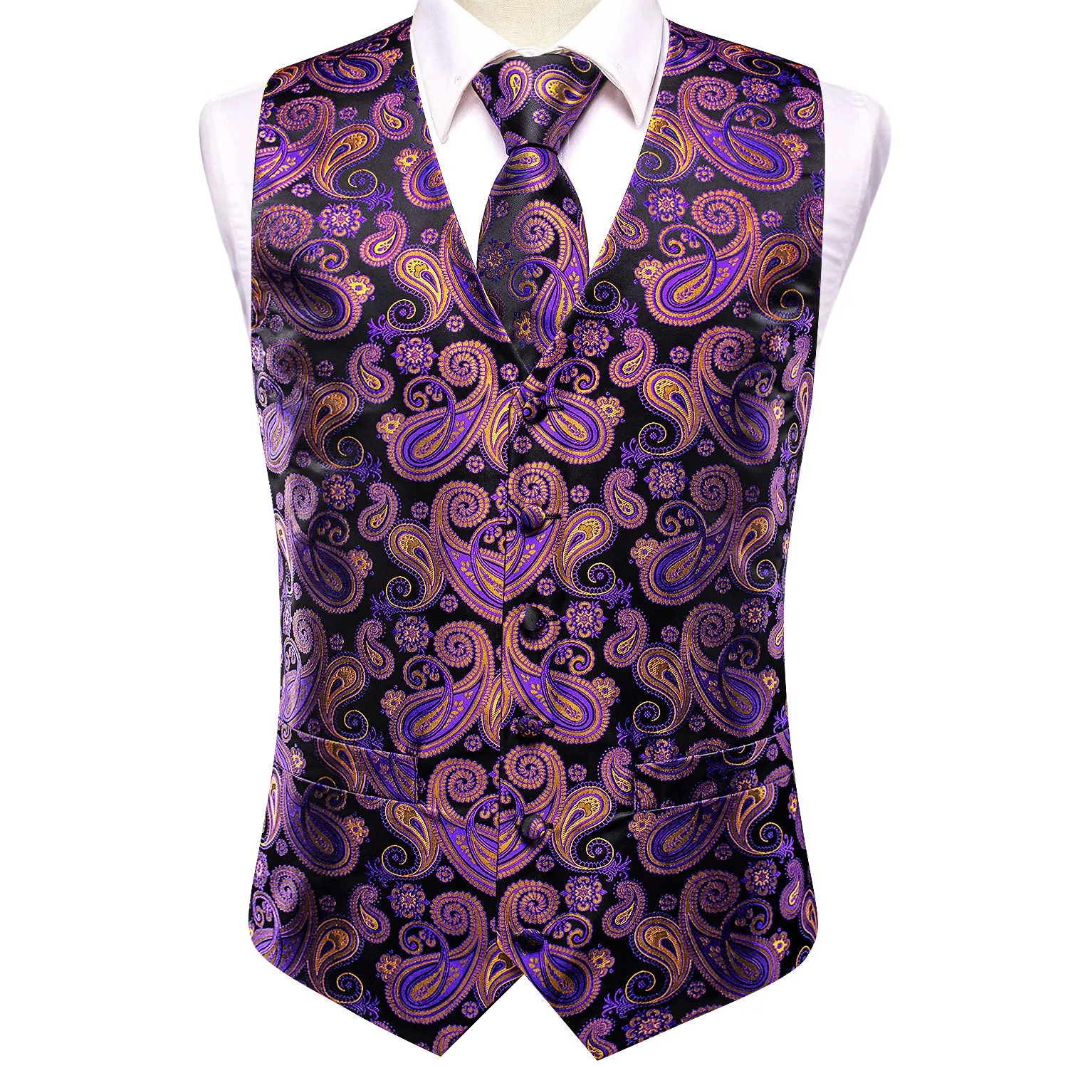 Hi-Tie Black Purple Paisley Silk Men's Vest Hanky Cufflinks Tie Set