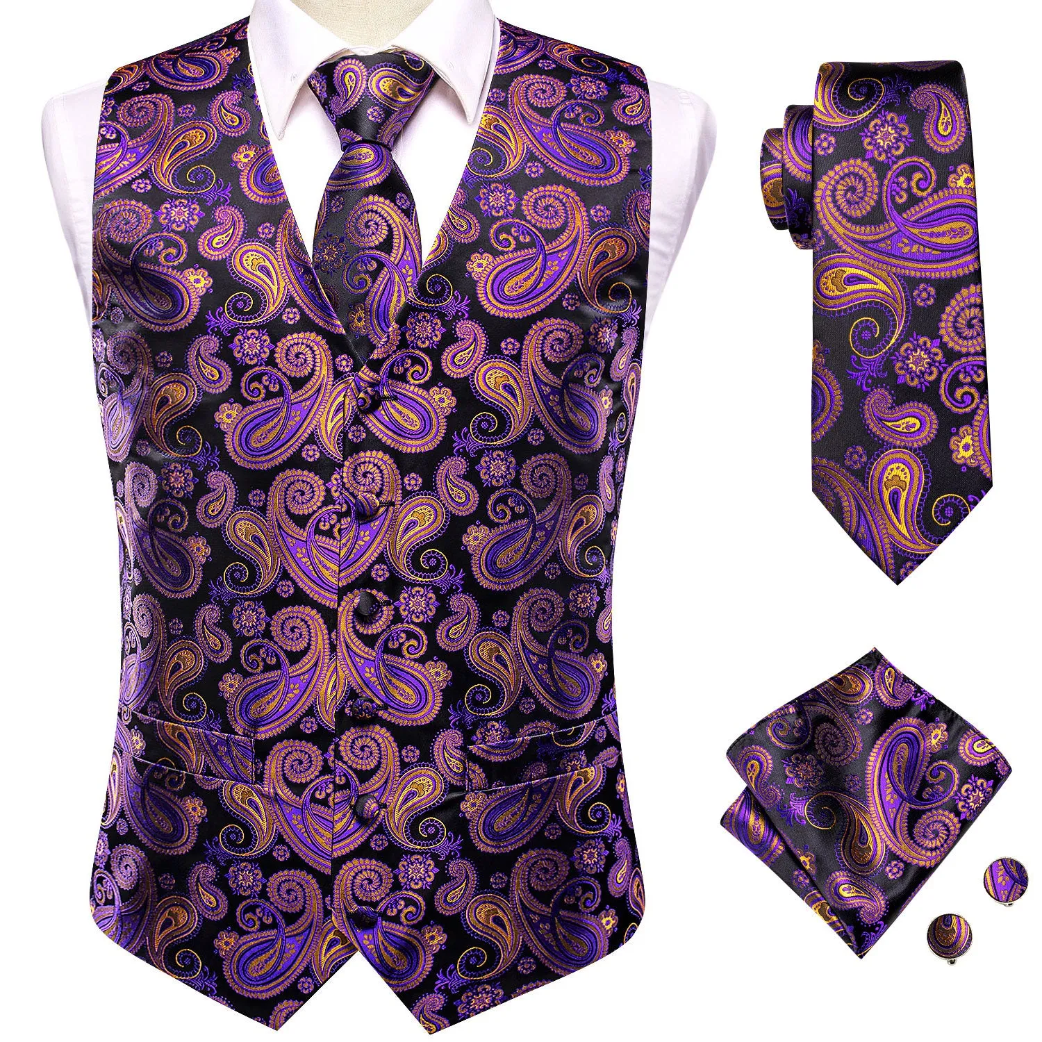 Hi-Tie Black Purple Paisley Silk Men's Vest Hanky Cufflinks Tie Set