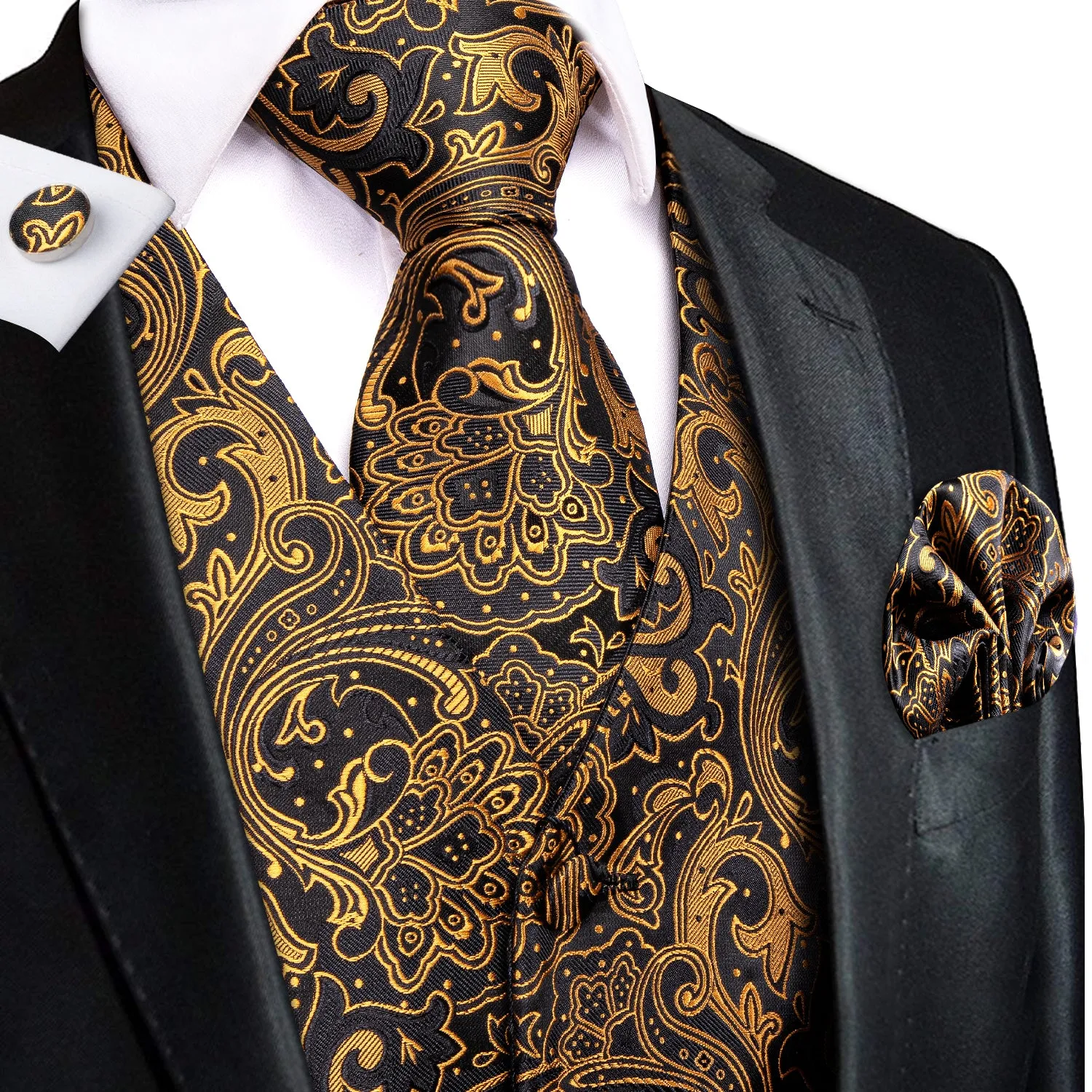 Hi-Tie Classic Black Gloden Paisley Silk Men's Vest Hanky Cufflinks Tie Set Waistcoat Suit Set