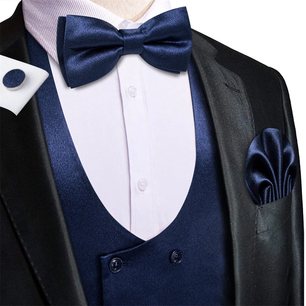 Hi-Tie Dark Blue Solid U-Neck Double-Breasted Vest Set