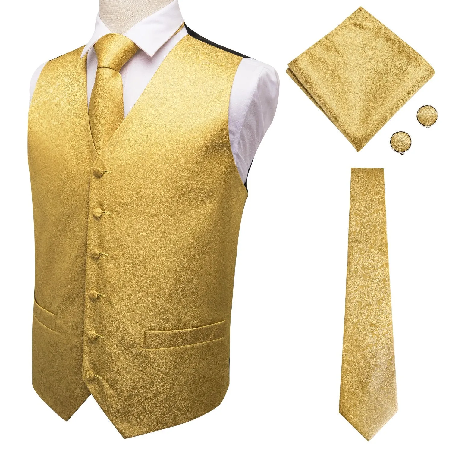 Hi-Tie Luxury Pure Golden Paisley Jacquard Silk Men's Vest Hanky Cufflinks Tie Set Waistcoat Suit Set