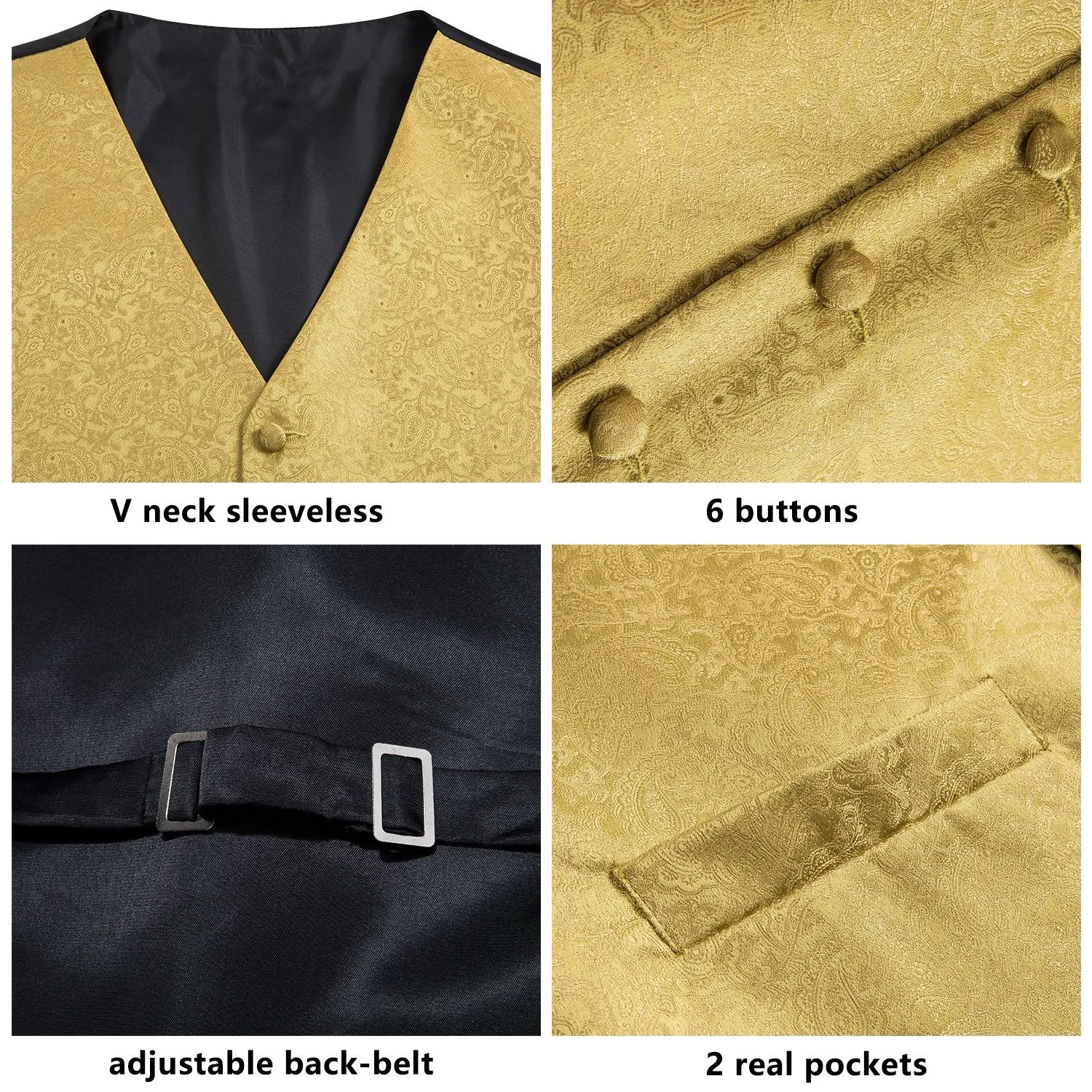 Hi-Tie Luxury Pure Golden Paisley Jacquard Silk Men's Vest Hanky Cufflinks Tie Set Waistcoat Suit Set