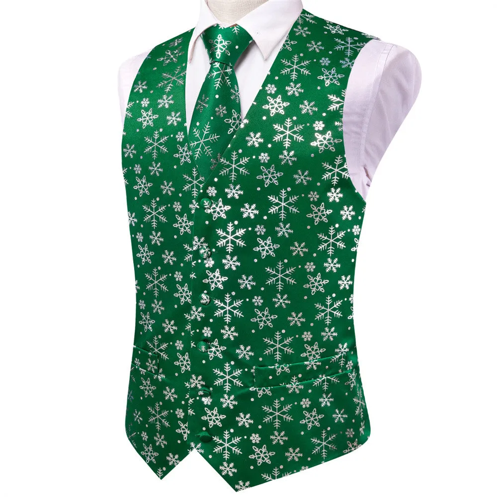 Hi-Tie Mens Waistcoat Green Silver Snow Christmas Vest Necktie Set