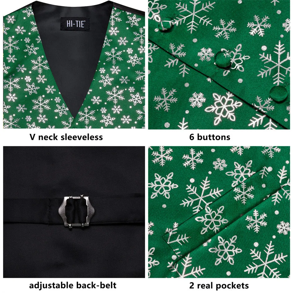 Hi-Tie Mens Waistcoat Green Silver Snow Christmas Vest Necktie Set