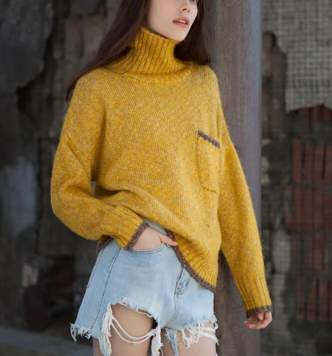 High Collar Short loose Style Women Tops Woolen Knit Sweater